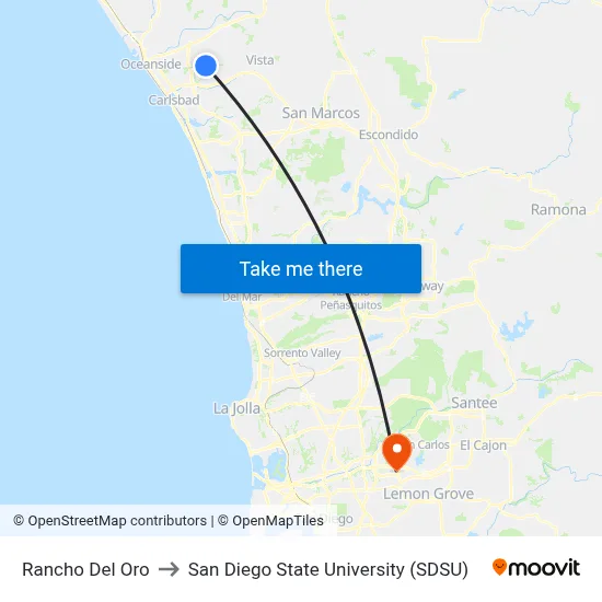 Rancho Del Oro to San Diego State University (SDSU) map