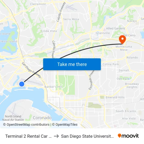 Terminal 2 Rental Car Shuttle to San Diego State University (SDSU) map