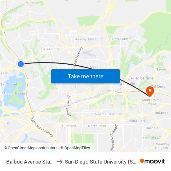 Balboa Avenue Station to San Diego State University (SDSU) map