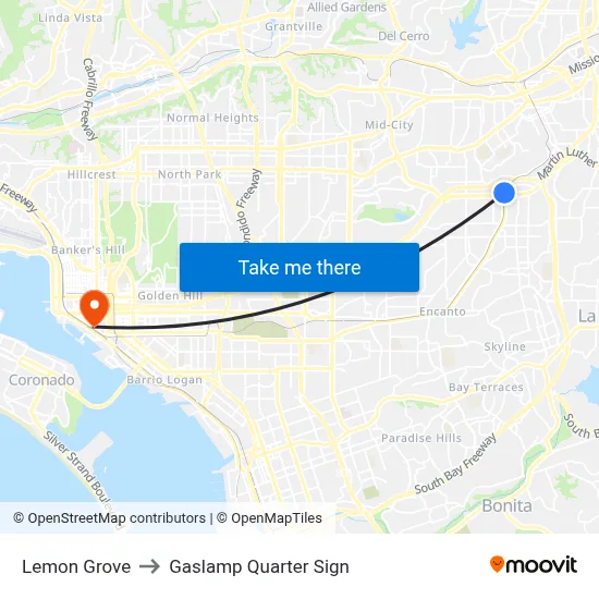 Lemon Grove to Gaslamp Quarter Sign map