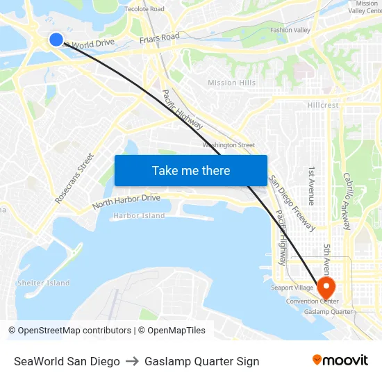 SeaWorld San Diego to Gaslamp Quarter Sign map