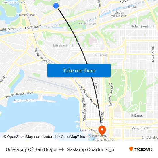 University Of San Diego to Gaslamp Quarter Sign map