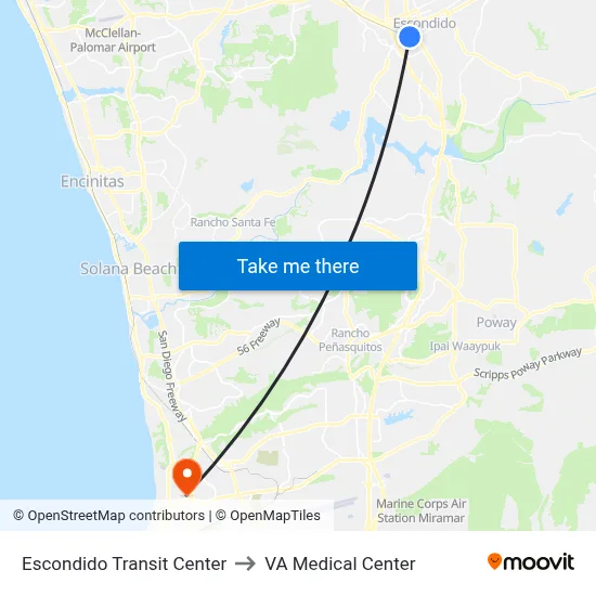 Escondido Transit Center to VA Medical Center map