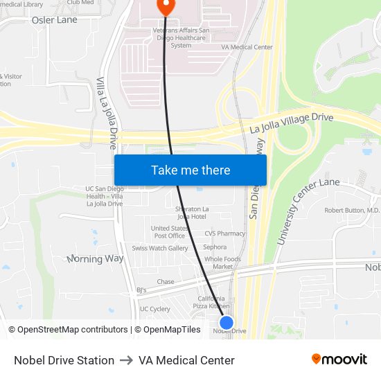 Nobel Drive Station to VA Medical Center map