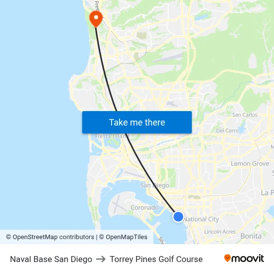 Naval Base San Diego to Torrey Pines Golf Course map