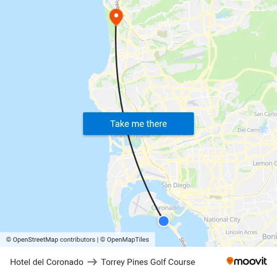 Hotel del Coronado to Torrey Pines Golf Course map