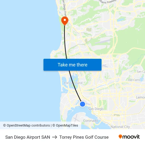 San Diego Airport SAN to Torrey Pines Golf Course map