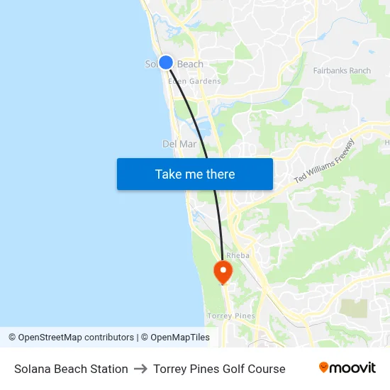 Solana Beach Station to Torrey Pines Golf Course map
