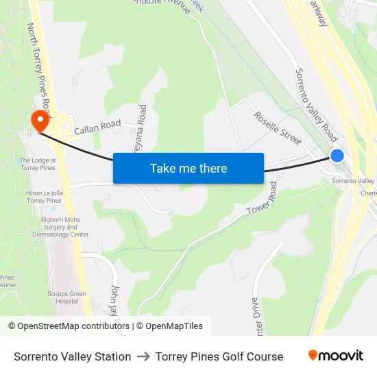 Sorrento Valley Station to Torrey Pines Golf Course map