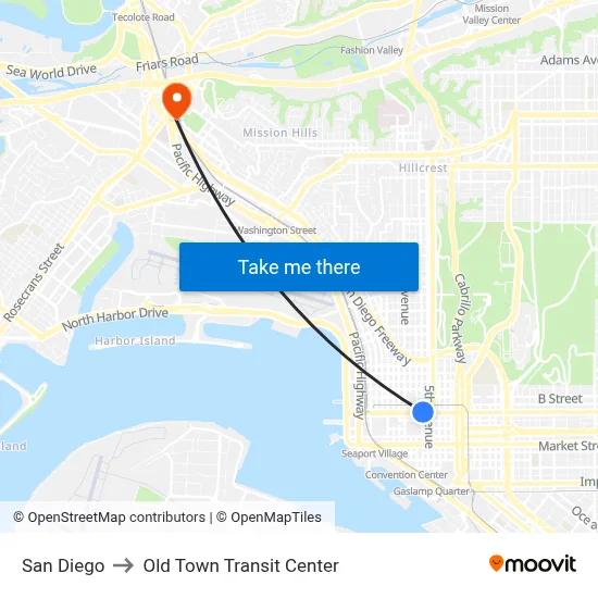 San Diego to Old Town Transit Center map