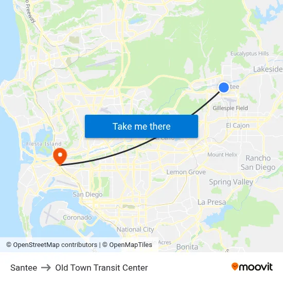 Santee to Old Town Transit Center map