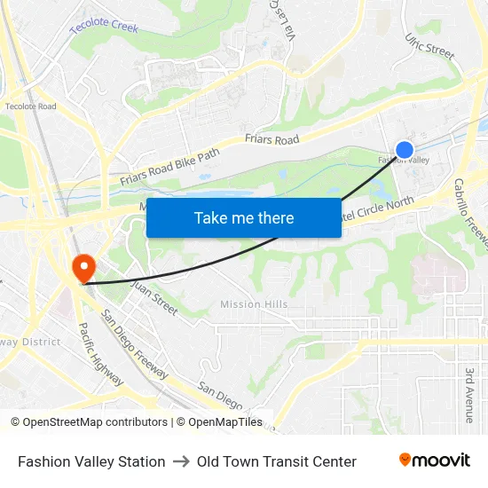Fashion Valley Station to Old Town Transit Center map