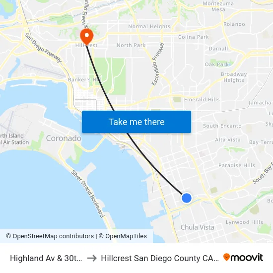 Highland Av & 30th St to Hillcrest San Diego County CA USA map