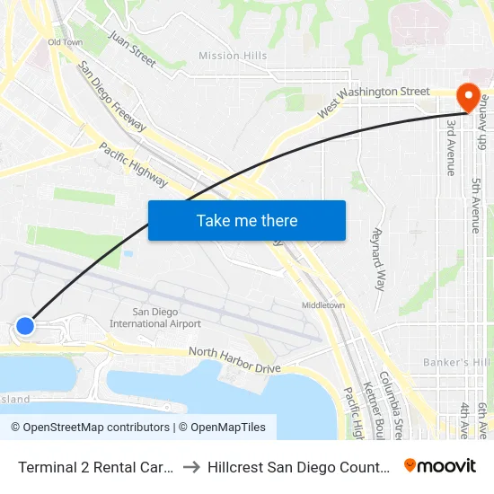 Terminal 2 Rental Car Shuttle to Hillcrest San Diego County CA USA map