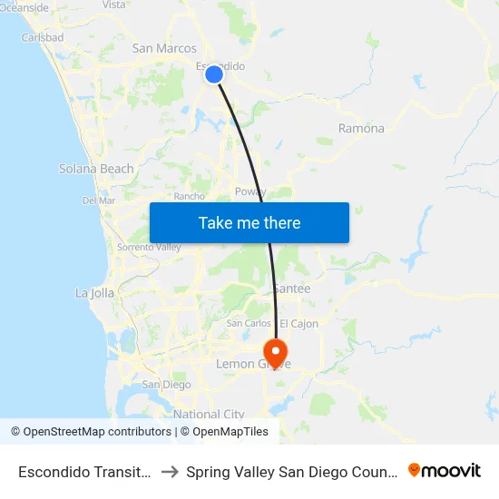 Escondido Transit Center to Spring Valley San Diego County CA USA map