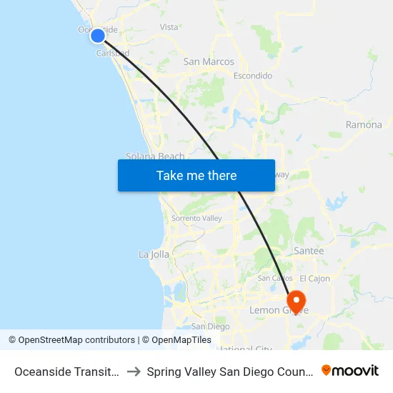 Oceanside Transit Center to Spring Valley San Diego County CA USA map