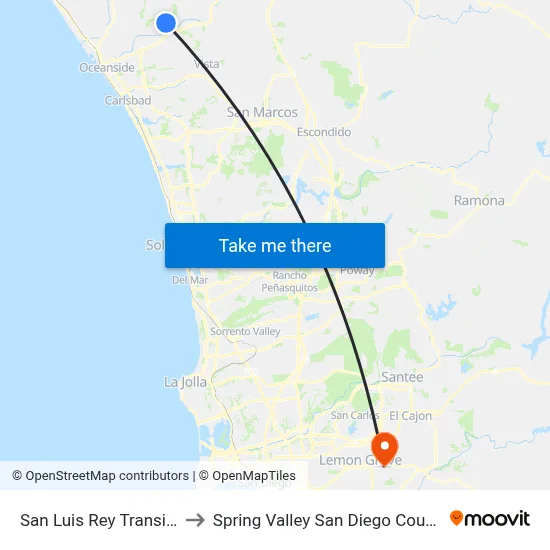 San Luis Rey Transit Center to Spring Valley San Diego County CA USA map