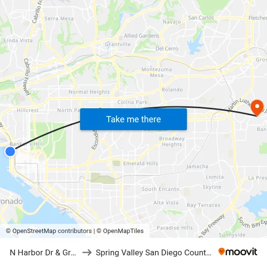 N Harbor Dr & Grape St to Spring Valley San Diego County CA USA map