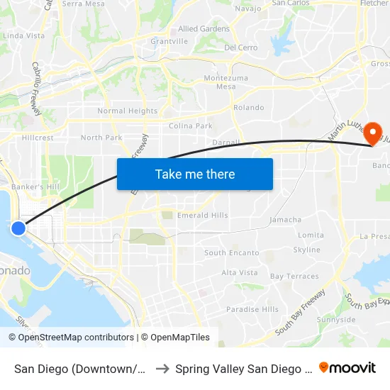 San Diego (Downtown/Seaport Village) to Spring Valley San Diego County CA USA map