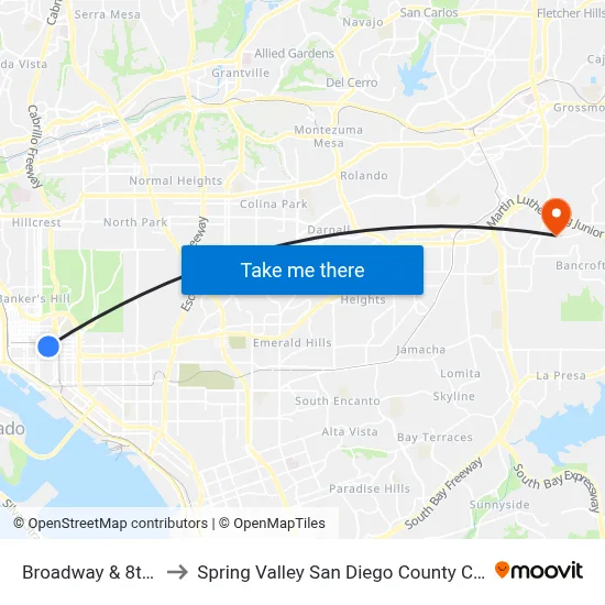 Broadway & 8th Av to Spring Valley San Diego County CA USA map