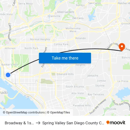 Broadway & 1st Av to Spring Valley San Diego County CA USA map