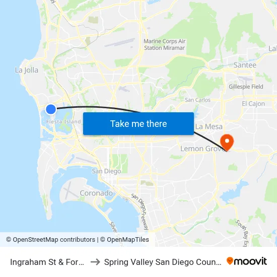 Ingraham St & Fortuna Av to Spring Valley San Diego County CA USA map