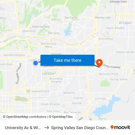 University Av & Winona Av to Spring Valley San Diego County CA USA map