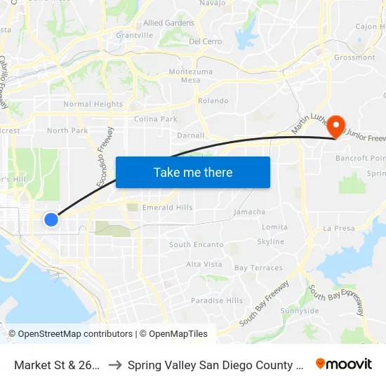 Market St & 26th St to Spring Valley San Diego County CA USA map
