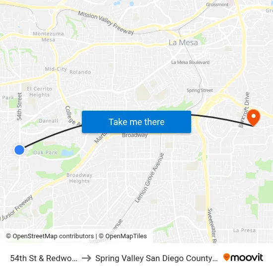 54th St & Redwood St to Spring Valley San Diego County CA USA map