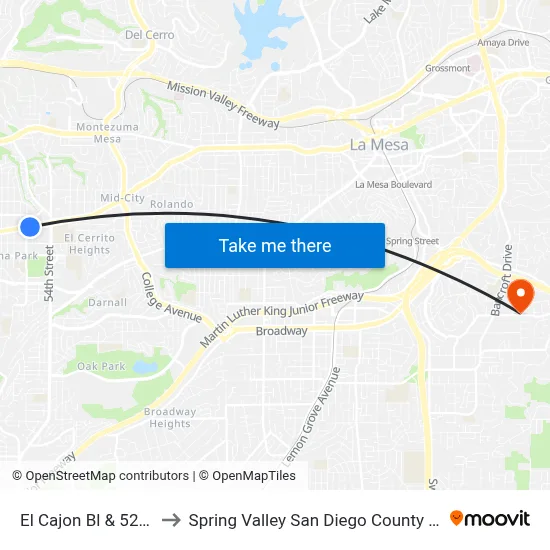 El Cajon Bl & 52nd St to Spring Valley San Diego County CA USA map