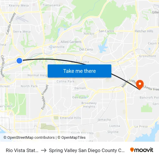 Rio Vista Station to Spring Valley San Diego County CA USA map