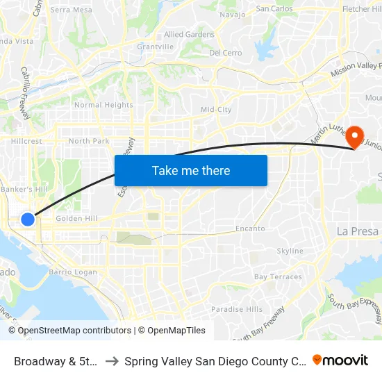 Broadway & 5th Av to Spring Valley San Diego County CA USA map
