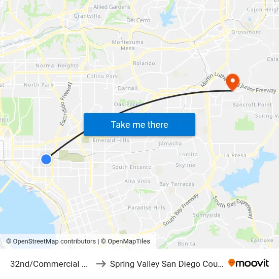32nd/Commercial St Station to Spring Valley San Diego County CA USA map