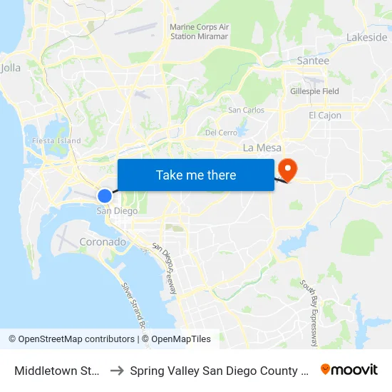 Middletown Station to Spring Valley San Diego County CA USA map