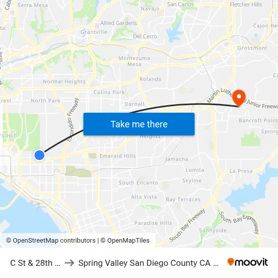 C St & 28th St to Spring Valley San Diego County CA USA map
