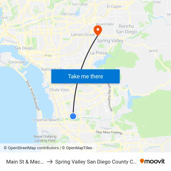Main St & Mace St to Spring Valley San Diego County CA USA map