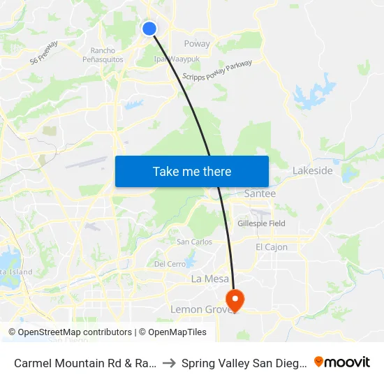 Carmel Mountain Rd & Rancho Carmel Dr (S) to Spring Valley San Diego County CA USA map