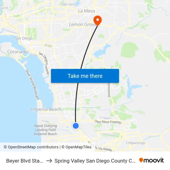 Beyer Blvd Station to Spring Valley San Diego County CA USA map