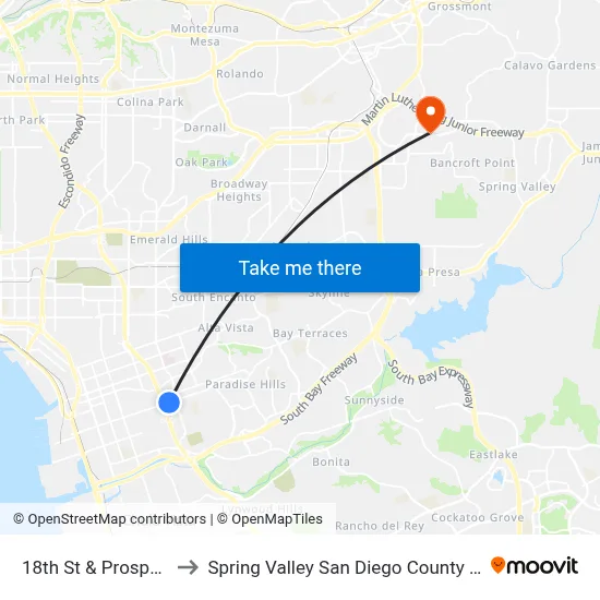 18th St & Prospect St to Spring Valley San Diego County CA USA map