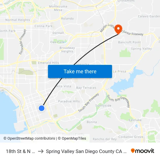 18th St & N Av to Spring Valley San Diego County CA USA map