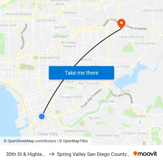 30th St & Highland Av to Spring Valley San Diego County CA USA map