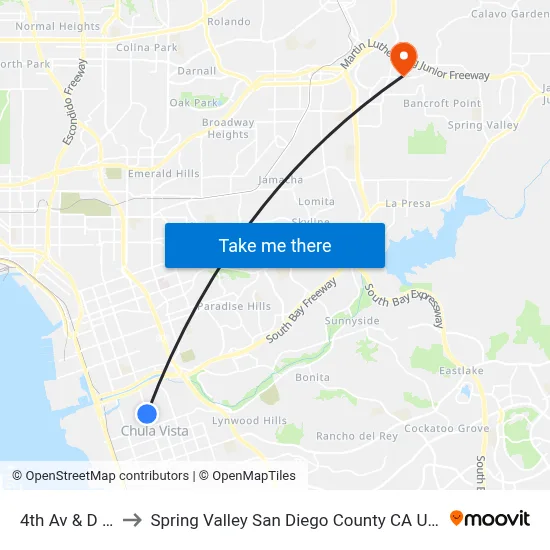 4th Av & D St to Spring Valley San Diego County CA USA map
