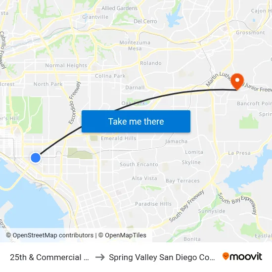 25th & Commercial St Station to Spring Valley San Diego County CA USA map
