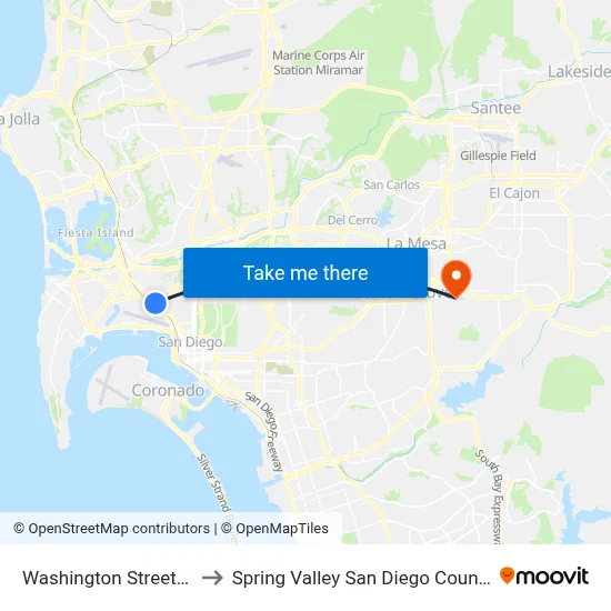 Washington Street Station to Spring Valley San Diego County CA USA map