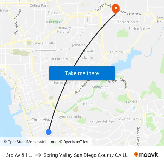 3rd Av & I St to Spring Valley San Diego County CA USA map
