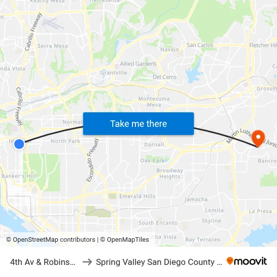 4th Av & Robinson Av to Spring Valley San Diego County CA USA map