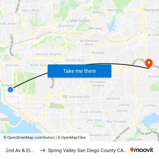 2nd Av & Elm St to Spring Valley San Diego County CA USA map