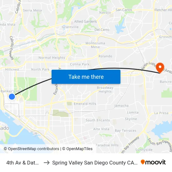 4th Av & Date St to Spring Valley San Diego County CA USA map