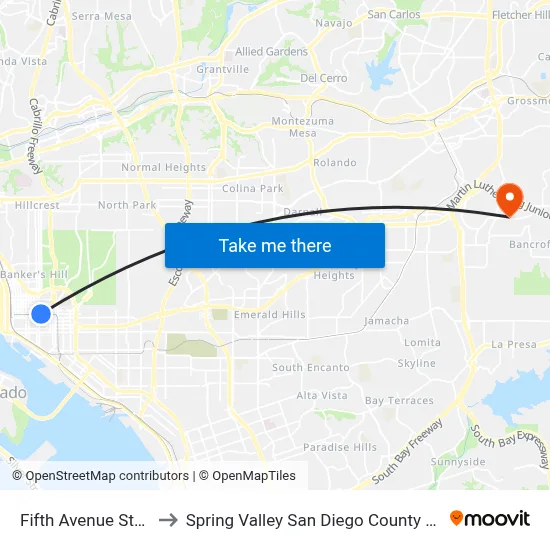 Fifth Avenue Station to Spring Valley San Diego County CA USA map