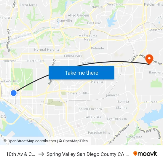 10th Av & C St to Spring Valley San Diego County CA USA map